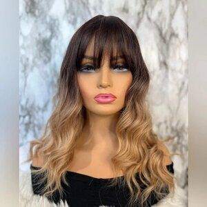 16 Inch ombre Brown To Honey Blonde wave Short Wig for Daily Use Natural